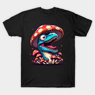 Crazy Velociraptor Mushroom Hat Dinosaur Garden T-Shirt